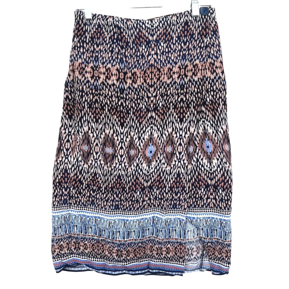 NIC+ZOE Boho Tribal Wrap Midi Skirt Size PS Blue Brown Rayonā Faux Wrap Travel